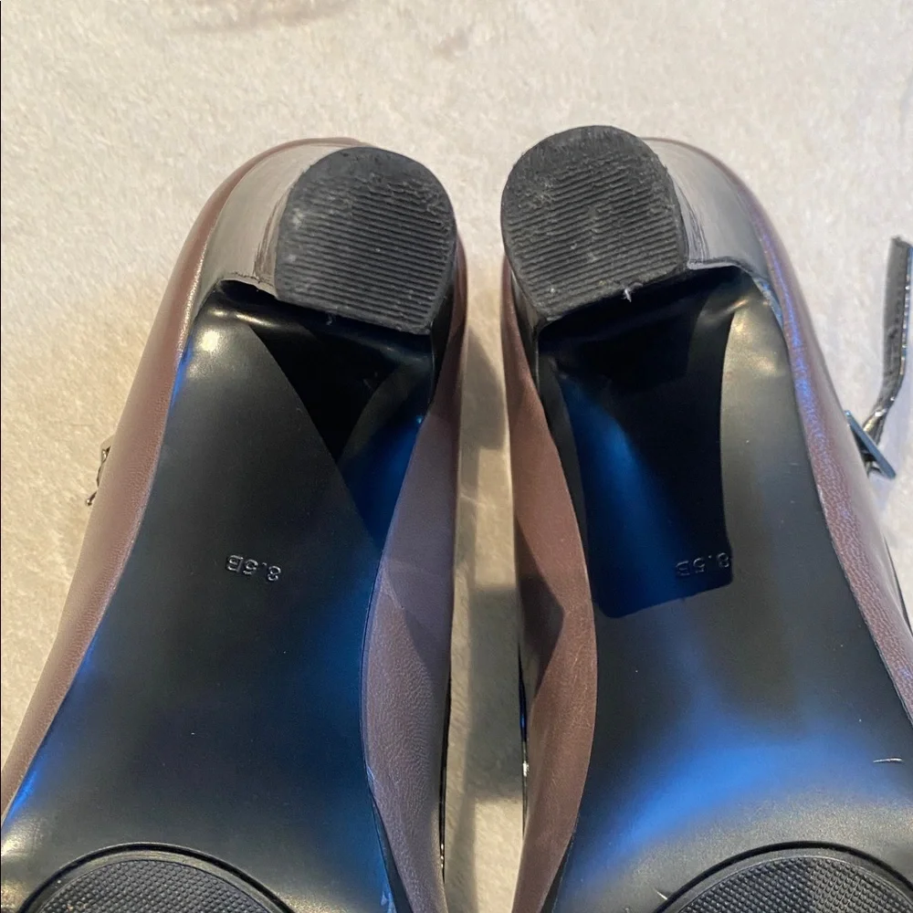 Lauren Ralph Lauren Mary Jane taupe leather gray patent platform heels Sz 8.5 - Picture 8 of 9